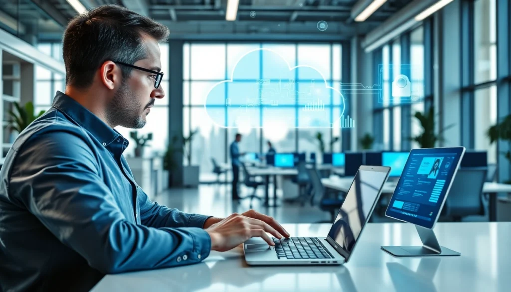 Engage with https://awin68.cloud/ innovative digital cloud services in a vibrant office environment.