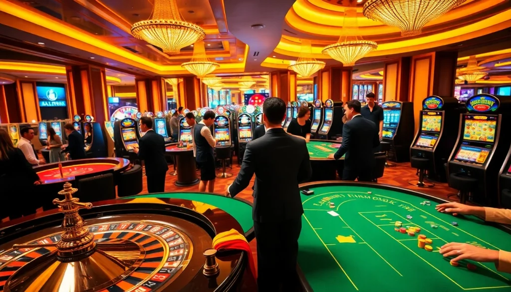 BJ88 casino scene showcasing luxurious gaming tables and slot machines.