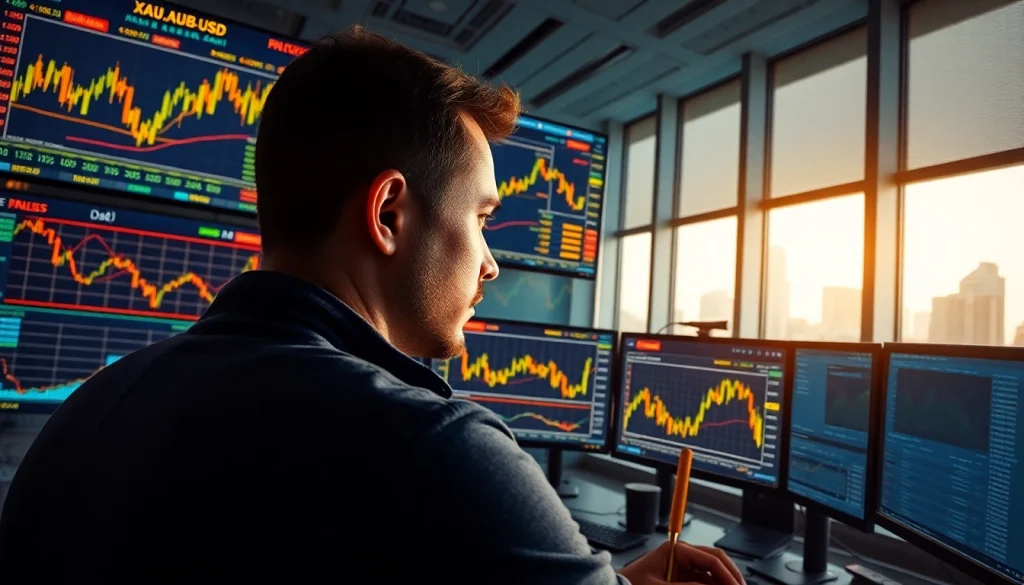 Trader focused on XAUUSD SIGNALS analysis with multiple screens in a modern office.