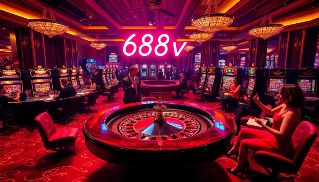 Experience an exhilarating moment at 688v Casino as players celebrate their wins at the roulette table, illuminated by ornate lighting.