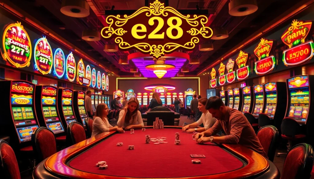 Experience the thrilling ambiance of e28 with poker chips and vibrant slot machines in this lively casino scene.