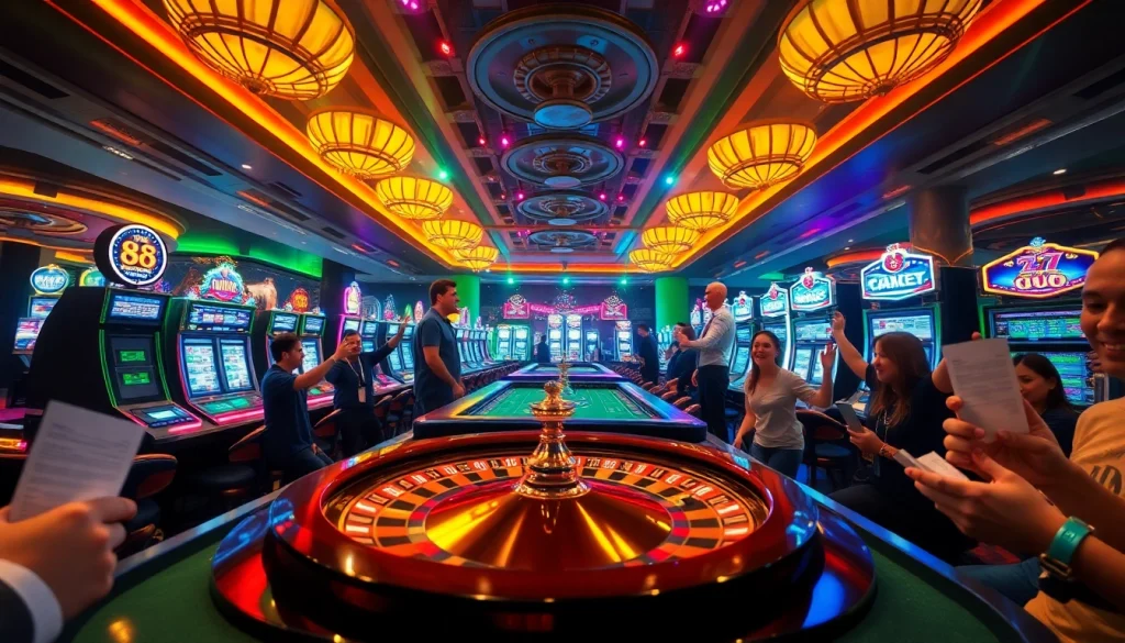 Experience the thrill of e28 casino gaming with players celebrating around vibrant roulette tables and shining slot machines.