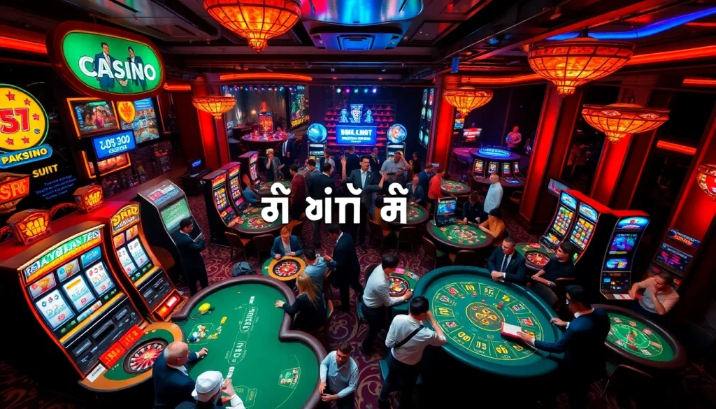 Experience the thrill of 호치민 불건마 amidst vibrant casino action featuring players at poker tables and colorful slot machines.