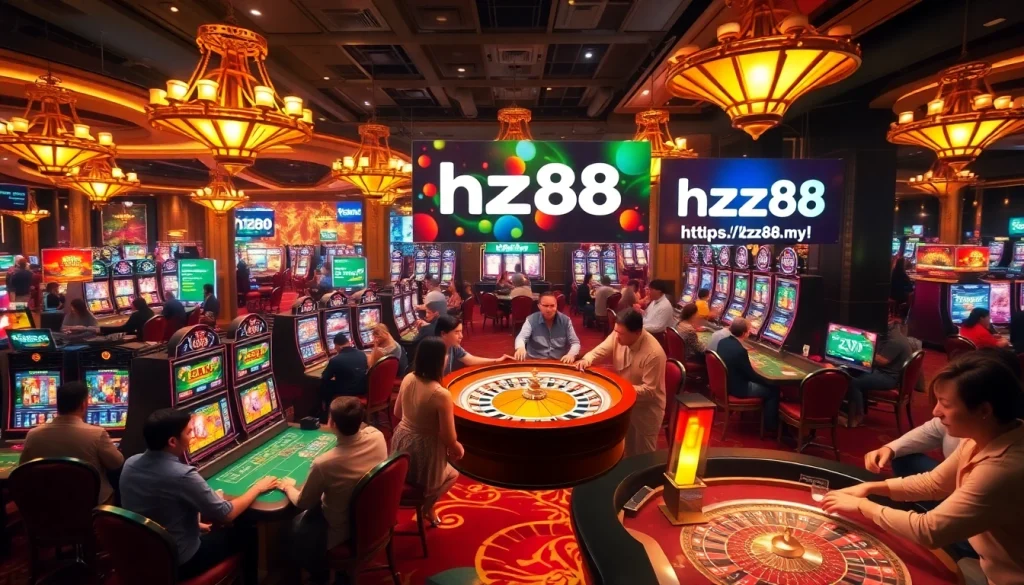 Experience the thrilling atmosphere at https://hz88.my/ with players enjoying vibrant casino games, including blackjack and roulette.
