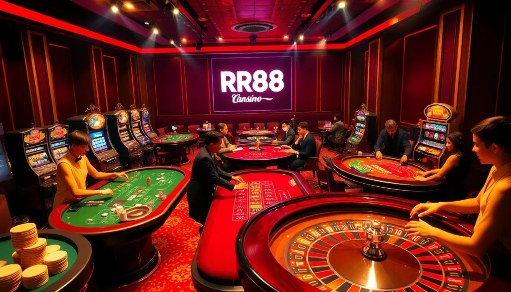 Players experiencing the excitement of RR88's vibrant casino atmosphere filled with poker chips and roulette wheels.